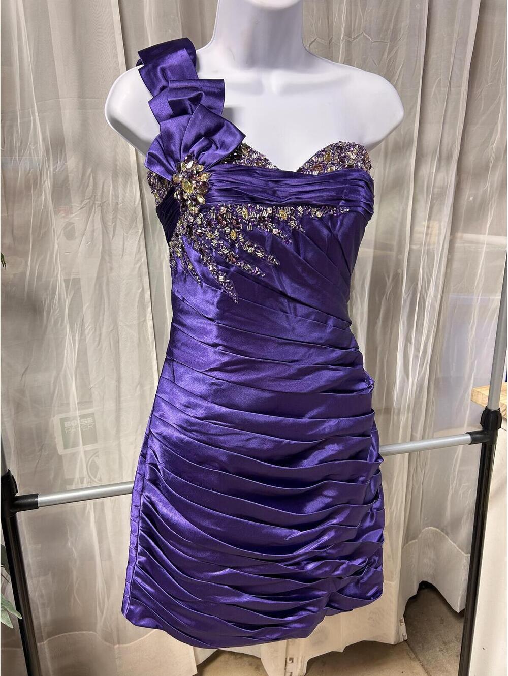 Riva Designs Purple One Shoulder Beaded Cocktail Formal Dress Womens Size 8